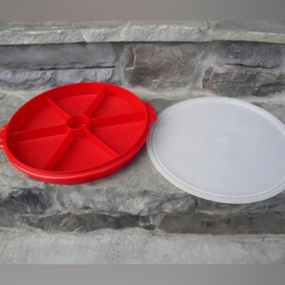 Vintage Red Tupperware Divided Serving Tray with Lid